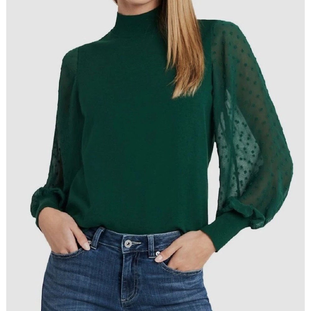 CeCe Women Forest Green Mock Neck Sweater Sheer Clip Dot Puff Sleeve Top Size M